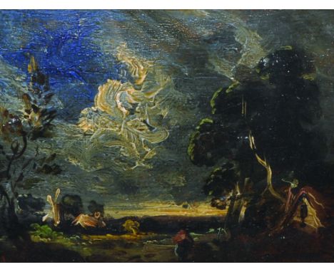 After John Constable (1776-1837) British. "Near Reading, Sketch", A Wind Swept Landscape, Oil on Panel, Inscribed on label ve