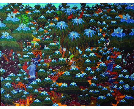 20th Century Tahitian School. A Hunting Scene, Oil on Board, 25" x 32".