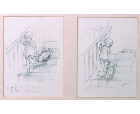 After Ernest Howard Shepard (1879-1976) British, 'Winnie the Pooh', Print, 6" x 4", and a companion piece, framed as one.