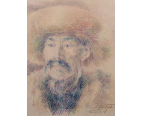 Sergei Besedin (1901-1996) Russian. 'Tartar 1951', Portrait of a Bearded Man, Crayon, Signed, 16" x 12.25".