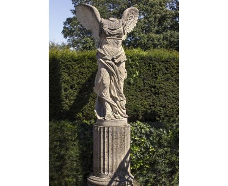 A sculpted limestone model of the Samothrace Nike, 20th century, carved after the Antique, with wings outstretched and draper