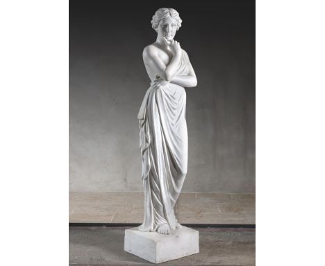 A sculpted white marble figure of a maiden in neo-classical taste, of recent manufacture, modelled standing, with centrally p