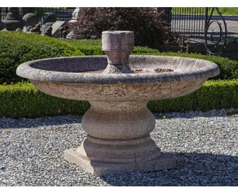 An Italian Rosso Verona marble fountain, 20th century, the raised central section above the dish basin and baluster support t