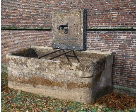 A wall fountain and trough, composed of associated 19th century elements, the rectangular backplate with central spout 66cm h
