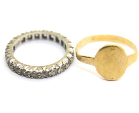 Presumed gold signet misshapen ring 2.6g and a 9ct spinel set eternity ring, size K/L, 3.0g.  P&amp;P Group 1 (£14+VAT for th