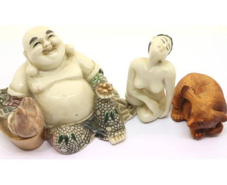 Carved wood netsuke and two oriental figures. P&amp;P Group 1 (£14+VAT for the first lot and £1+VAT for subsequent lots) 