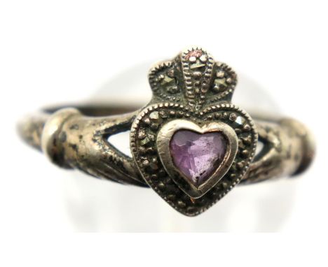 Silver heart shaped faceted amethyst Claddagh ring, size Q, 3.9g. P&amp;P Group 1 (£14+VAT for the first lot and £1+VAT for s