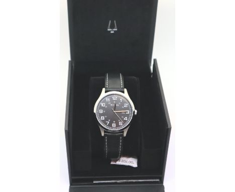 Boxed gents Bulova black dial date wristwatch on leather strap, new and boxed. P&P Group 1 (£14+VAT for the first lot and £1+