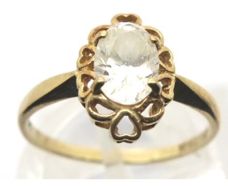 9ct gold oval white stone ring size K. P&amp;P Group 1 (£14+VAT for the first lot and £1+VAT for subsequent lots) 