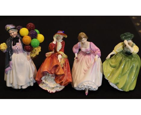 Four Royal Doulton figurines, Biddy Pennyfarthing, Top of The Hill Buttercup and Ashley. H: 22cm. P&P Group 3 (£25+VAT for th