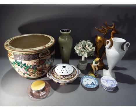 Mixed lot to include a Kaiser twin handled vase. Coalport lidded trinket box, Asian ceramic jardiniere 27 cm (h) x 31 cm (dia