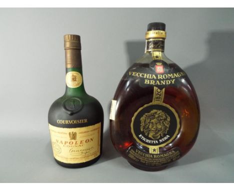 A 700 ml bottle of Courvoisier Napoleon Cognac c. 1970 and a 1500 ml bottle of Vecchia Romagna Brandy 40 % ABV. [2]