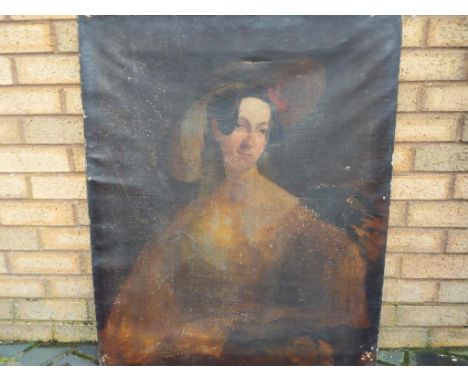 An unframed oil on canvas, depicting a portrait of a lady (in the need of restoration), approximately 92 cm x 76 cm.