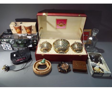Three Oriental hand-painted covered bowls in fitted presentation box, glass decanter, Viners cutlery set, ceramics and simila