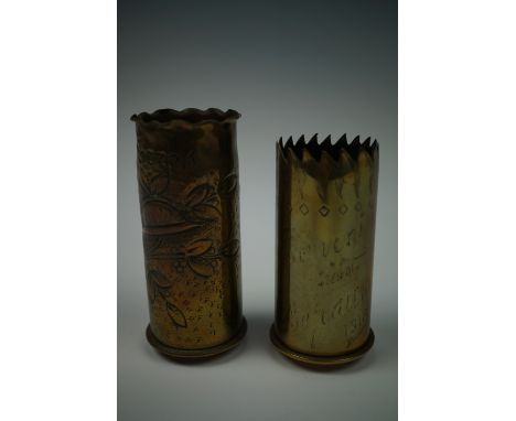 Two Great War trench art spill vases fabricated from Imperial German 37 mm artillery shell cases, one engraved Arras, the oth