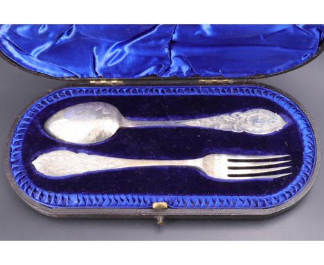 A cased Victorian silver Christening set, comprising a foliate-engraved fork and spoon, C&amp;Co, Sheffield, 1897