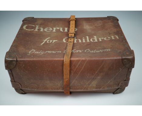 A vintage fibre haberdashery clothing box, emblazoned "Cherub for Children, Outgrown before Outworn", 52 cm x 40 cm x 20 cm