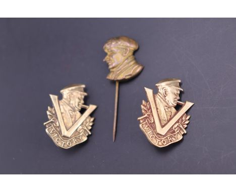 Two Second World War Churchill "V for victory" brooches and a Field Marshal Montgomery stick pin