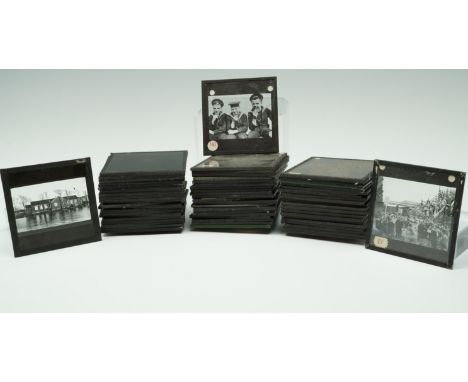 A quantity of early 20th Century monochrome photographic magic lantern slides largely depicting naval / marine subjects inclu