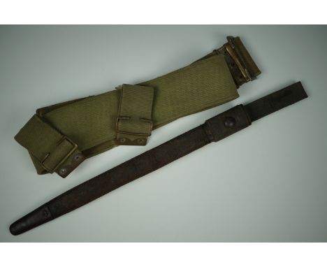 A British army 1908 Pattern webbing belt, Pattern 1907 bayonet scabbard and frog