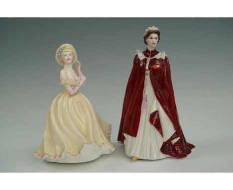 A Royal Worcester figurine Queen Elizabeth II in the robes of the Order of Bath, together with a Coalport Ladies of Fashion f