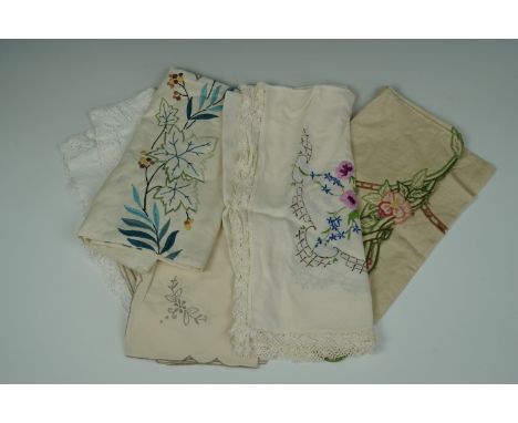 A quantity of vintage domestic whitework, linens etc including a floral embroidered tablecloth 
