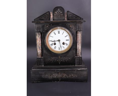 A late 19th Century marble and polished black slate mantel clock of architectural form, 33.5 cm