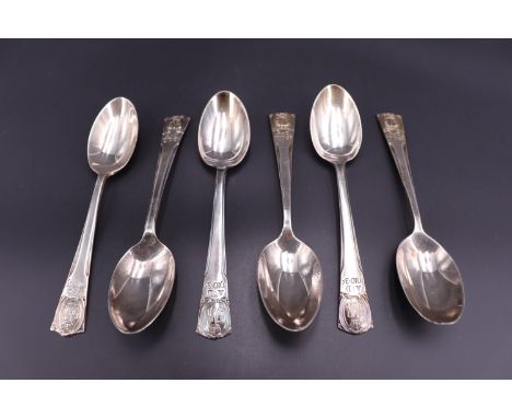 Six George V silver jubilee commemorative silver coffee spoons, R Bond &amp; Co, Sheffield, 1925