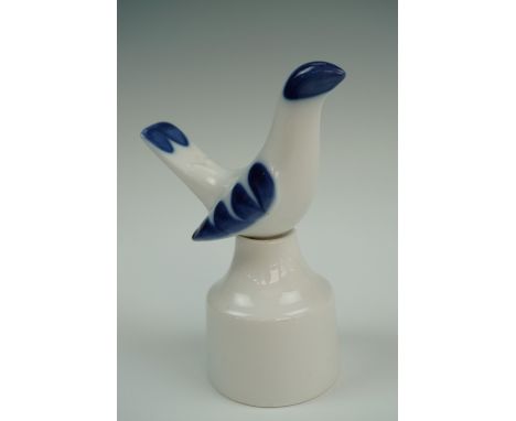 A Royal Worcester blue-and-white pie funnel with detachable finial / stopper in the stylized form of a bird