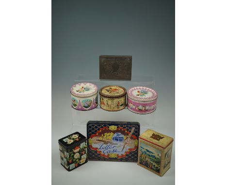 Sundry vintage and other tinplate boxes including an embossed and printed "letter case" and a Carlisle Historical Pageant tea
