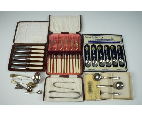 Cased sets of vintage fish cutlery, tea knives, a dessert, QEII commemorative spoons set etc