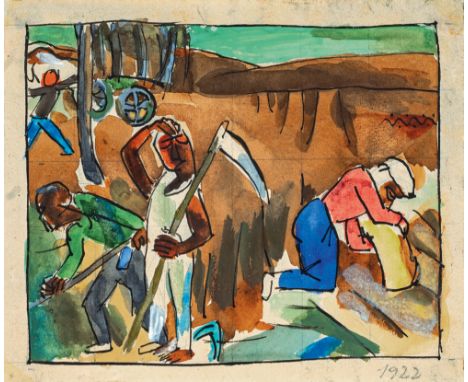 Erich Hartmann (Elberfeld 1886 - Hamburg 1974). Auf dem Felde arbeitende Bauern. 1922. Gouache. 12,5 x 15 cm. Ungerahmt. R. u