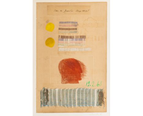 Horst Antes (Heppenheim 1936). Kopf und Webmuster. 1968. Aquarell, Collage und Radierung/Papier/Papier. 36,5 x 23,5 cm. R. u.