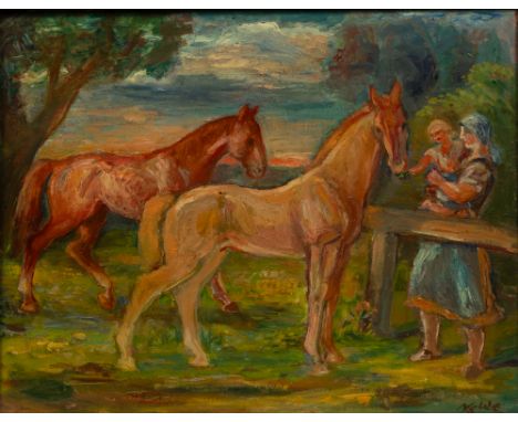 Alexander Kolde (Neuhaldensleben 1886 - Flensburg 1963). Besuch bei den Pferden. Öl/Lw. 38,5 x 48 cm. R. u. sign. Kolde.   - 