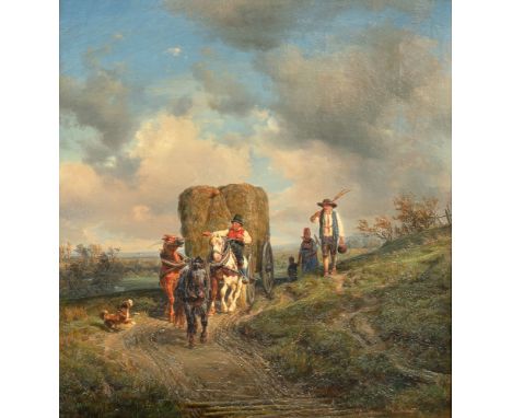 Hermann Kauffmann (Hamburg 1808 - Hamburg 1889). Die Heufuhre. Wohl vor 1855. Öl/Lw. 42 x 40 cm. R. u. sign. H. Kauffmann Ham