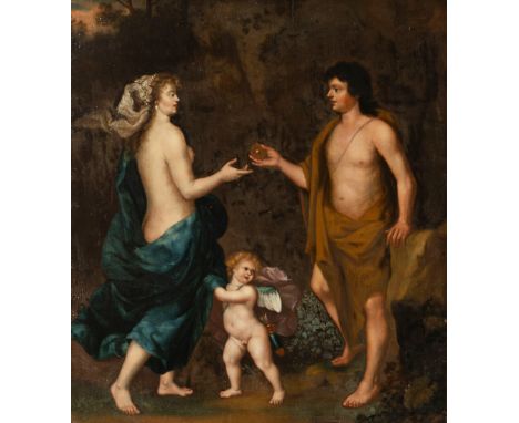 Adriaen van der Werff (Rotterdam 1659 - 1722), Umkreis. Das Urteil des Paris. Um 1700. Öl/Holz. 51,5 x 45,5 cm. Retuschen.   