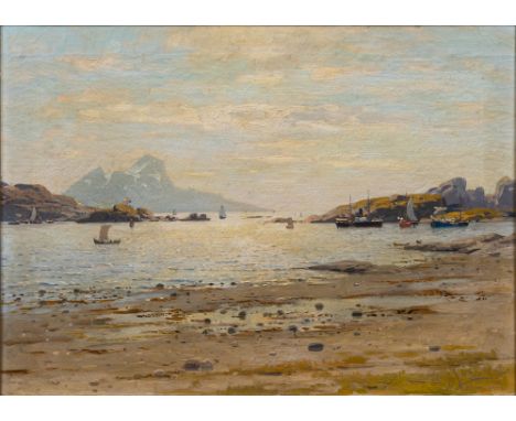 Eilert Adelsteen Normann (Bodö 1848 - Kristiania/Oslo 1918). Abend am Fjord. Öl/Lw. 58,5 x 74,5 cm. R. u. sign. A. Normann.  