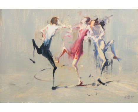 Ulf Petermann (Brunsbüttel 1950). Tanzende Figuren. 1995. Öl/Papier/Karton. 42,5 x 62 cm. R. u. sign. und dat. U. Pe. 95, unt