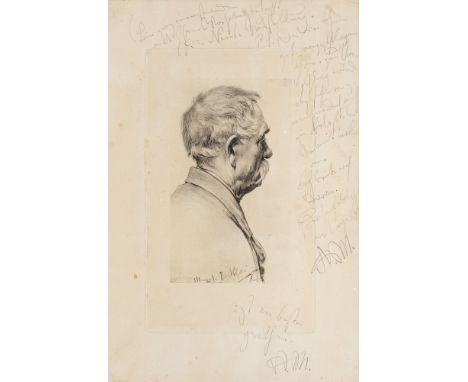 Adolph von Menzel (Breslau 1815 - Berlin 1905). Text an Franz von Lenbach. Um 1876. Lichtdruck. 20 x 12,5 cm. Von Menzel mit 