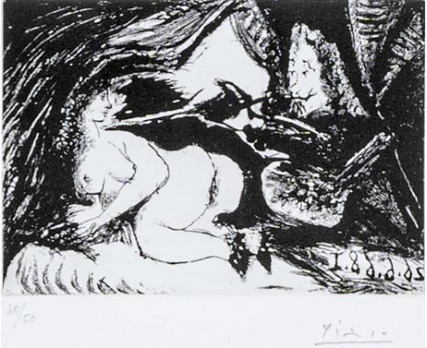 Pablo Picasso (Malaga 1881 - Mougins 1973). Peintre peignant la nuque de son jeune modèle. 1968. Aquatinta. 9 x 12,5 cm. R. u