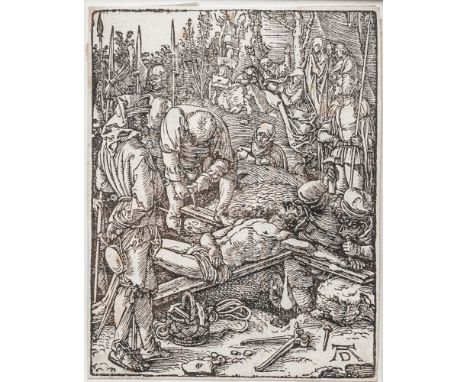 Albrecht Dürer (Nürnberg 1471 - Nürnberg 1528). Christus wird an das Kreuz genagelt. 1511. Holzschnitt. 12,5 x 10 cm. Ungerah
