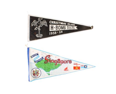 Two man made fabric souvenir flags. Comprising Christmas Islands H-Bomb tests 1958-59, and Singapore British Forces souvenir.