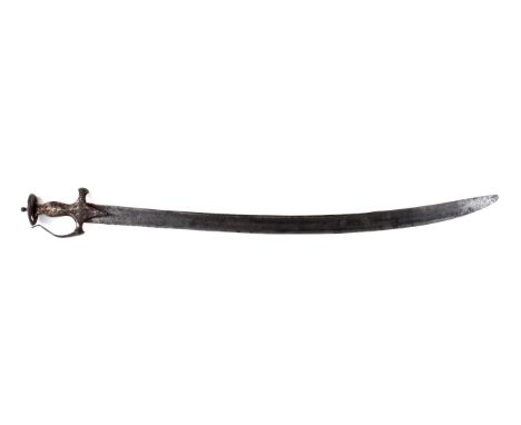 A 19th century Indian tulwar sword. With shallow dish pommel and remains of silver overlay to the handle, blade length circa 