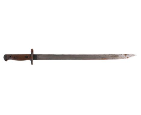 A WWI Sanderson 1907 pattern bayonet. Dated February 1918, with X bend-test mark and inspection marks. Blade L43cm, in a meta