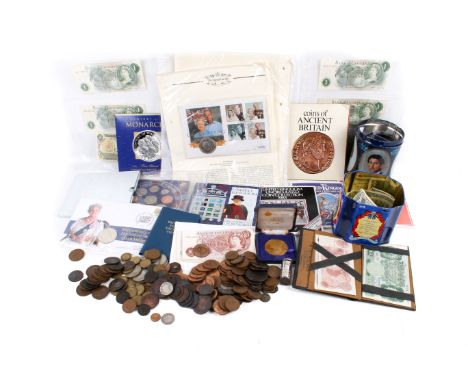 A large accumulation of coins and banknotes. Including 100g of silver threepences, five BU sets dated 1983 to 1985 plus 1994 