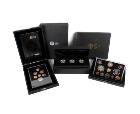 Three modern proof sets. Including two 2008 sets, one £5 pounds to one penny. Eleven coins, the other one pound to one penny,