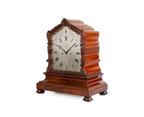 James Whitelaw, Edinburgh Victorian carved mahogany mantel clock. A 19cm silvered brass Roman numeral dial signed James White