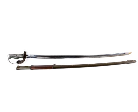 A Japanese WWII cavalry sword and scabbard. Remains of green paint to guard, hand-scratched number 62961? to blade, blade L79