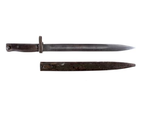 A German WWI ersatz bayonet. No legible markings, blade L31cm, with metal scabbard.