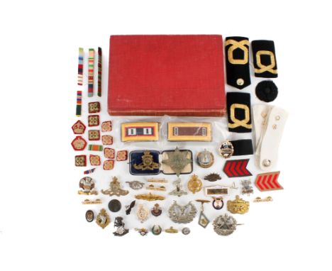 A collection of cap badges, buttons and a book. The badges including Royal Army Dental Corps, Artillery, etc, epaulettes and 